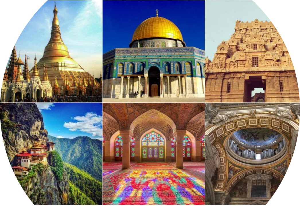 A collage of places of worship across different religions.