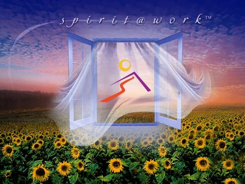 A graphic of the Secretan logo going through a window in a field of sunflowers.